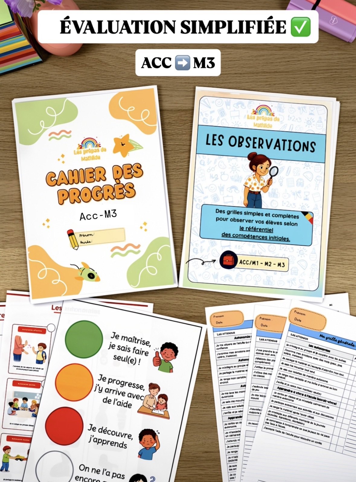 Vue d'ensemble : Cahier de progrès + Grilles d'observation + pages intérieures étalées sur un bureau